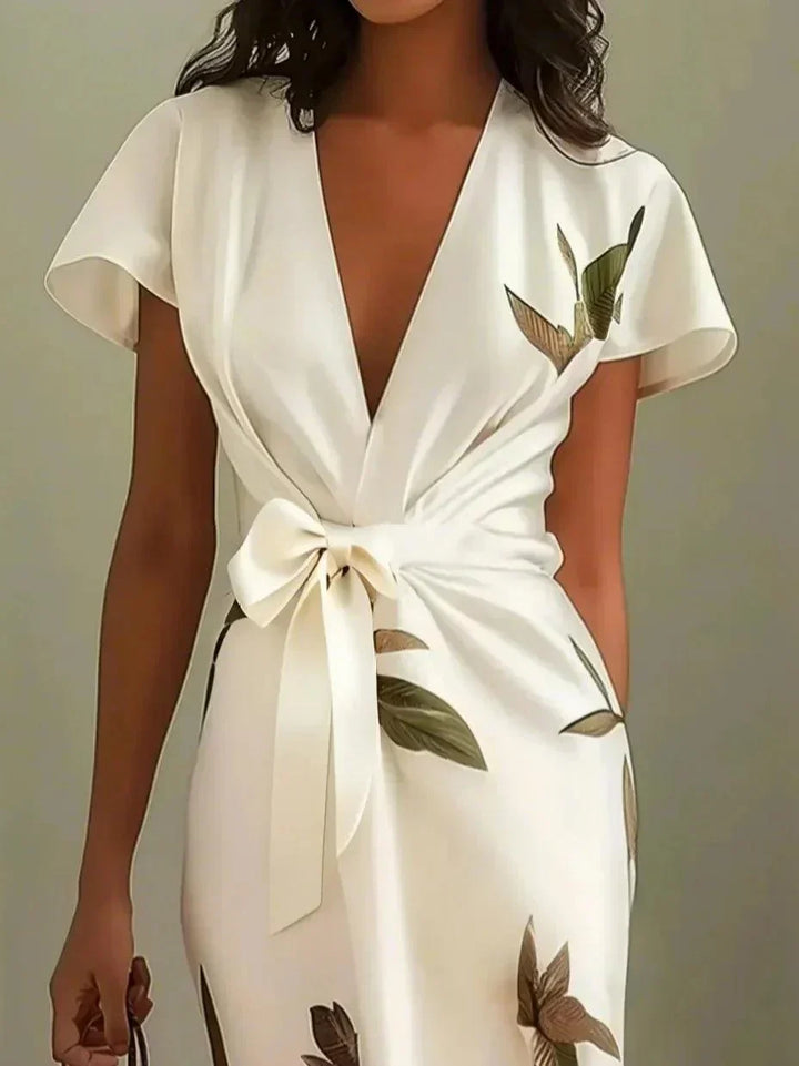 Abito Midi in Satin a Maniche Corte Bianco