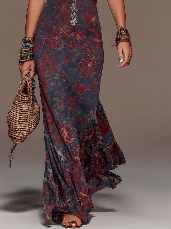 Abito maxi a sirena con scollo halter, pizzo e stampa floreale