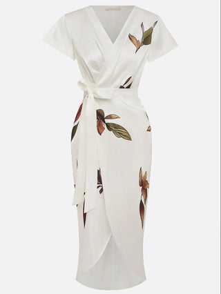 Abito Midi in Satin a Maniche Corte Bianco