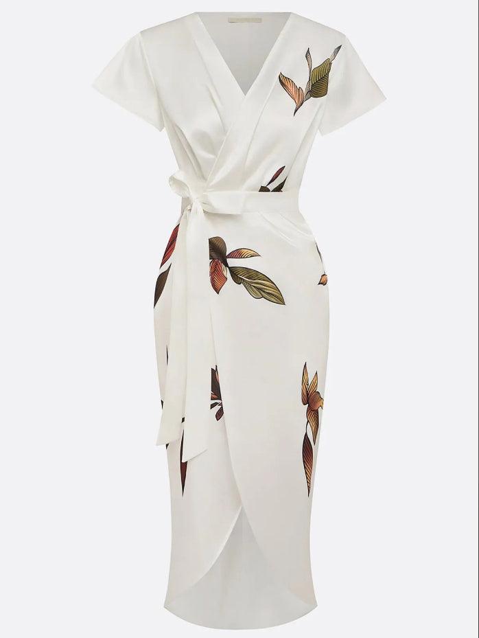 Abito Midi in Satin a Maniche Corte Bianco