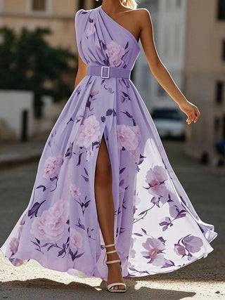 Julie | Abito Maxi Chiffon Floreale a Spalle Scoperte Verde Chiaro