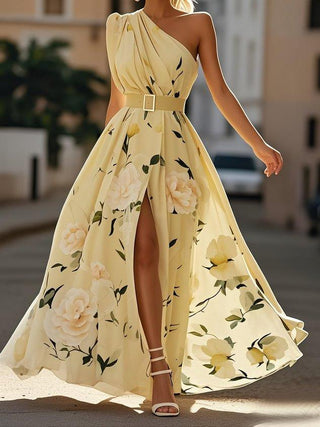 Julie | Abito Maxi Chiffon Floreale a Spalle Scoperte Verde Chiaro