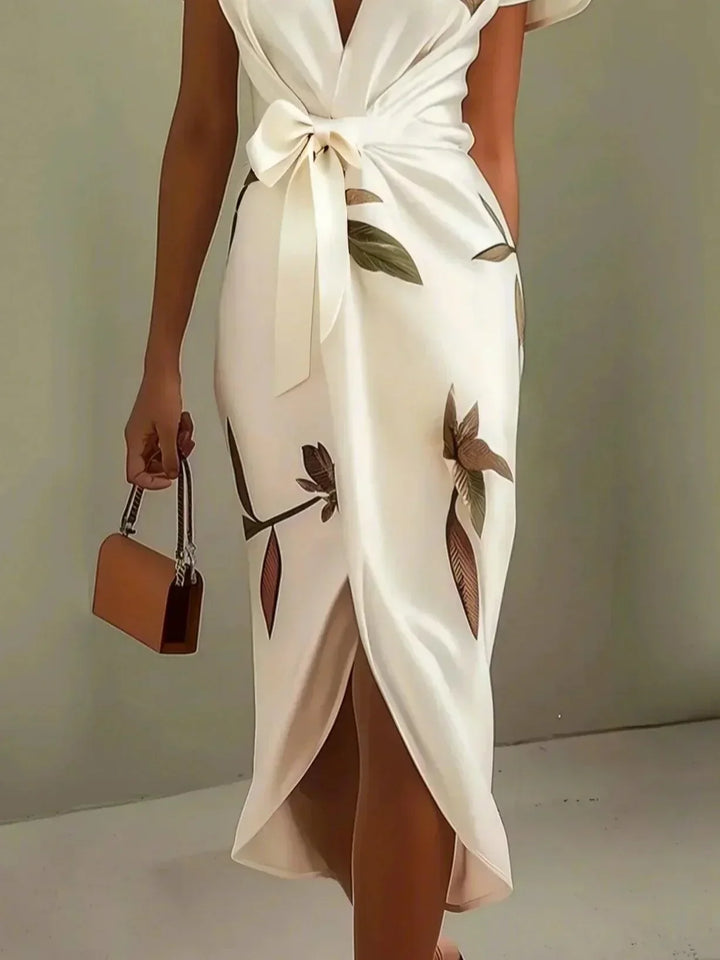 Abito Midi in Satin a Maniche Corte Bianco