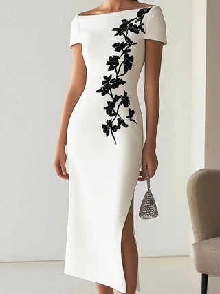 Audrey | Abito Midi a Stampa Floreale Chic con Collo Barchetta