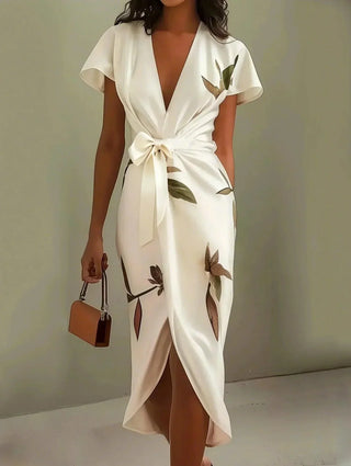 Abito Midi in Satin a Maniche Corte Bianco
