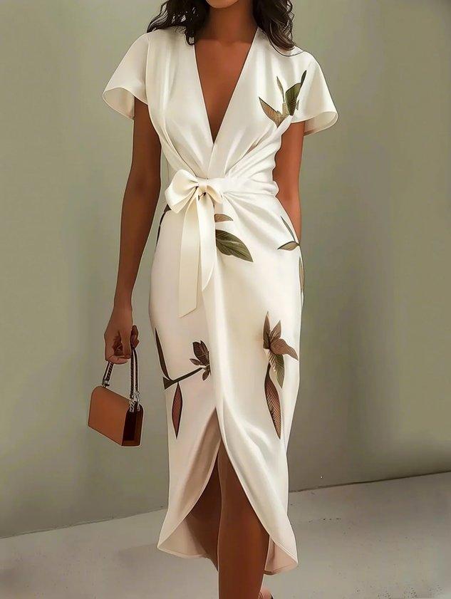 Abito Midi in Satin a Maniche Corte Bianco