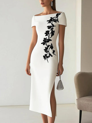Audrey | Abito Midi a Stampa Floreale Chic con Collo Barchetta