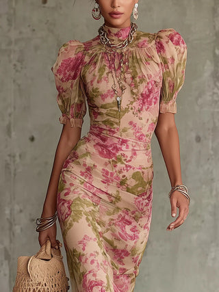 Mae | Abito Maxi con Stampa Rosa Vintage e Maniche a Sbuffo
