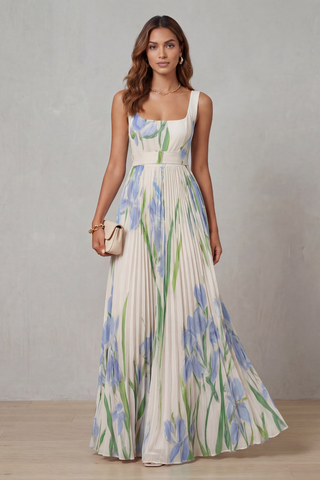 Viviana | Abito Maxi Plissettato Floreale Acquerellato