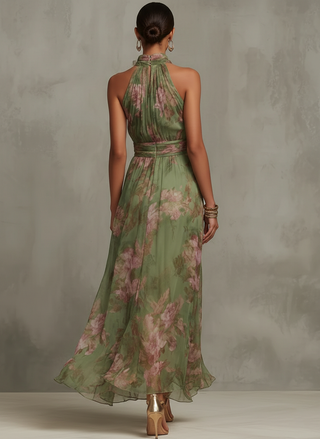 Abito Maxi Chiffon Floreale Verde a Schiena Nuda