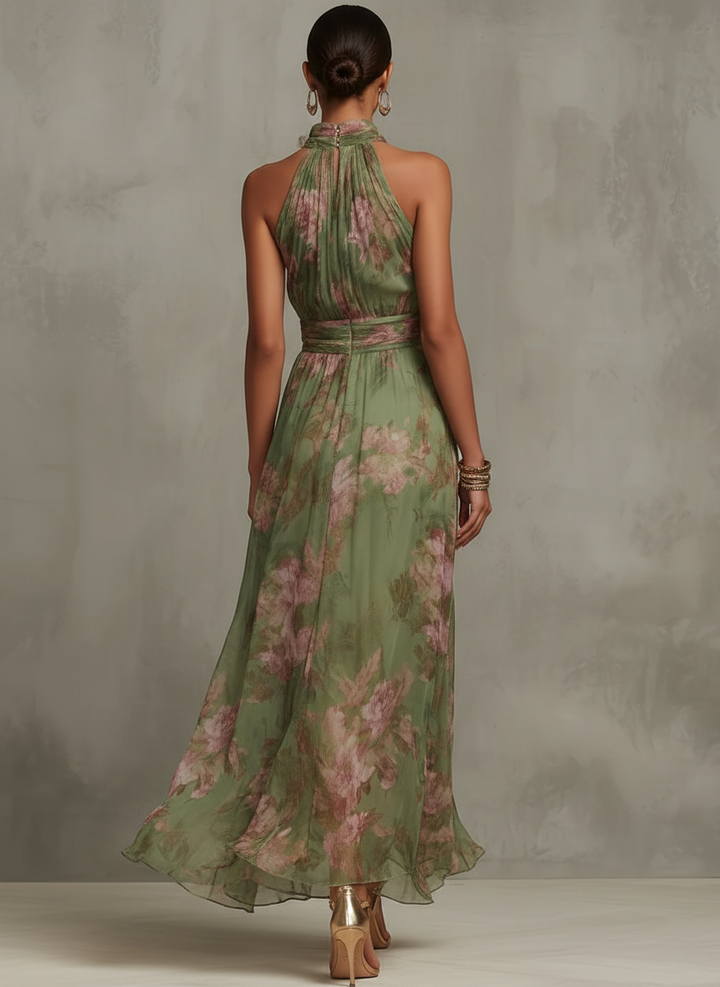 Abito Maxi Chiffon Floreale Verde a Schiena Nuda