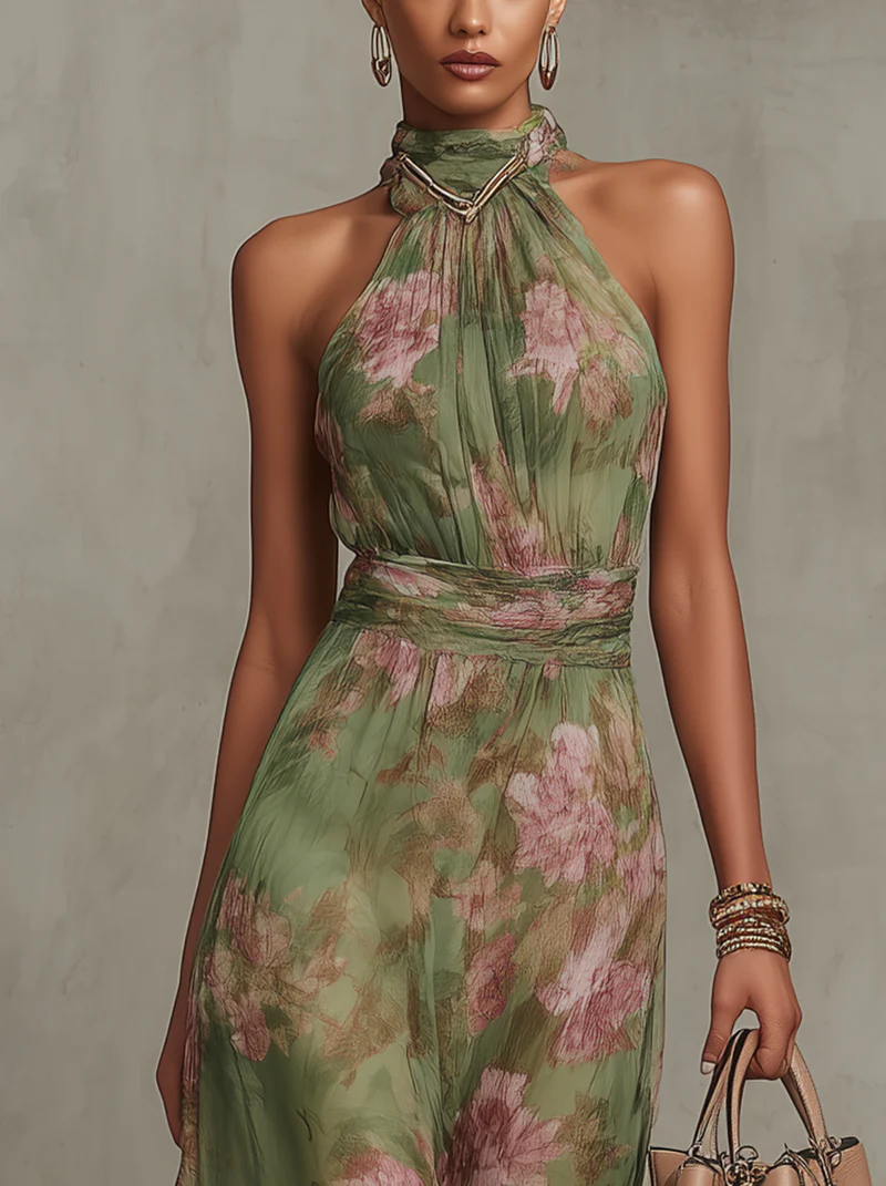 Abito Maxi Chiffon Floreale Verde a Schiena Nuda