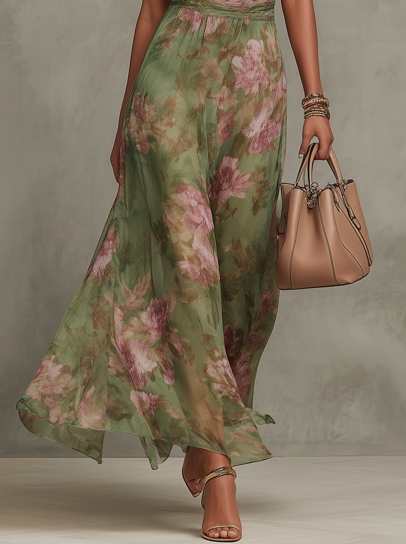 Abito Maxi Chiffon Floreale Verde a Schiena Nuda
