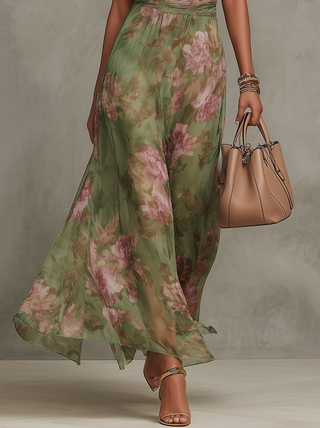 Abito Maxi Chiffon Floreale Verde a Schiena Nuda