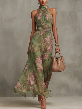 Abito Maxi Chiffon Floreale Verde a Schiena Nuda