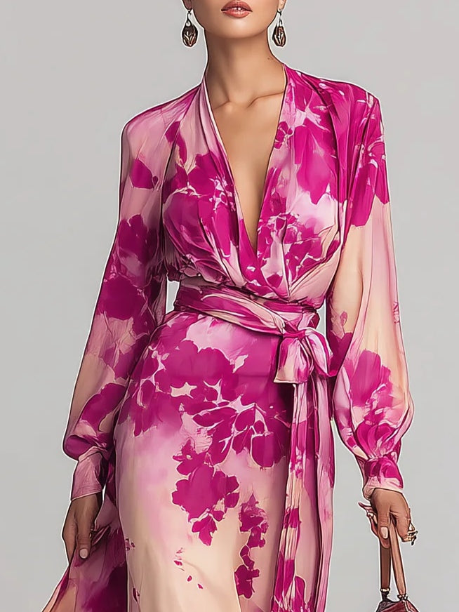 Abito Maxi Floreale con Scollo a V e Cintura