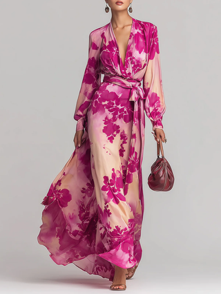 Abito Maxi Floreale con Scollo a V e Cintura