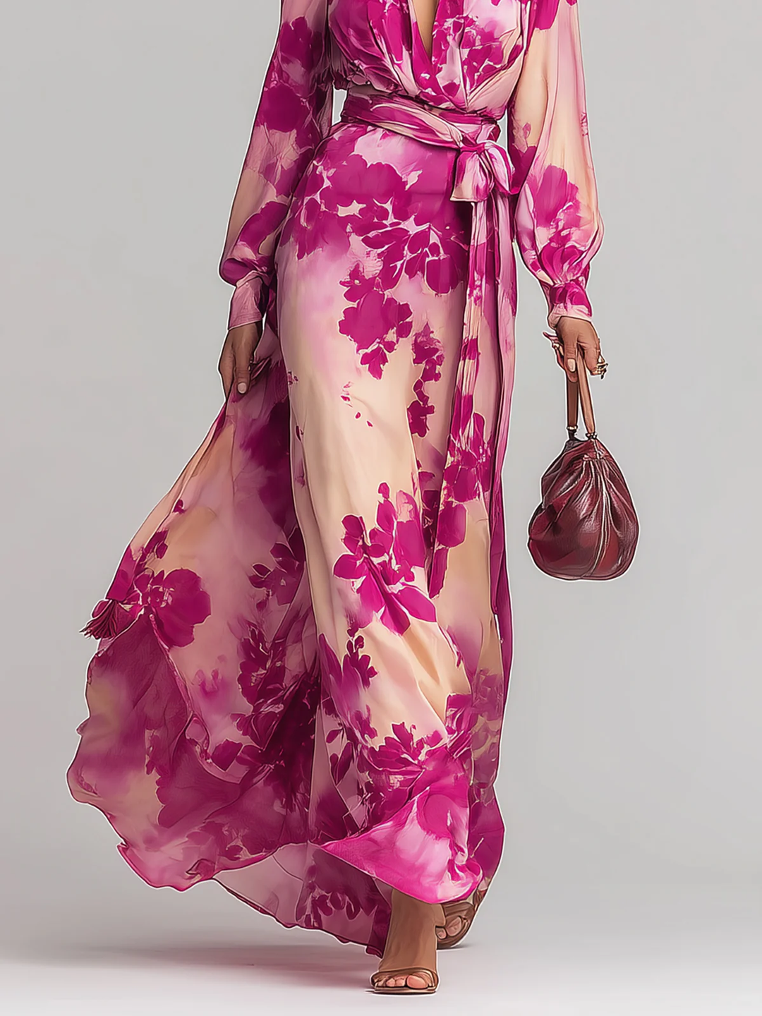 Abito Maxi Floreale con Scollo a V e Cintura