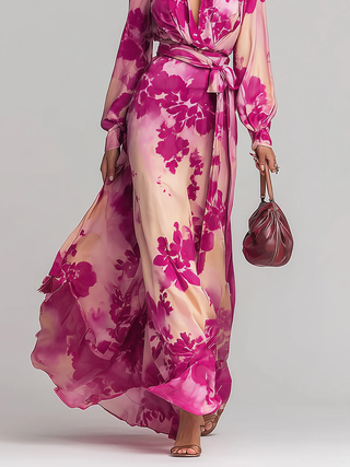 Abito Maxi Floreale con Scollo a V e Cintura