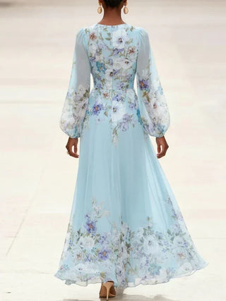 Mia | Abito Maxi Chiffon Floreale Blu Chiaro con Scollo a V