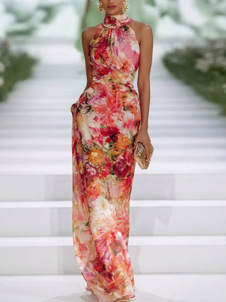 Fae | Abito Maxi Senza Maniche in Chiffon Rosso a Fiori