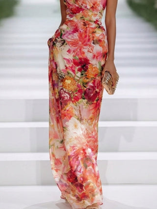 Fae | Abito Maxi Senza Maniche in Chiffon Rosso a Fiori