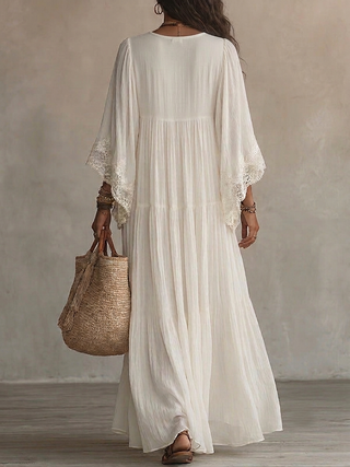 Celeste | Abito lungo in chiffon avorio con maniche a pipistrello e pizzo bianco