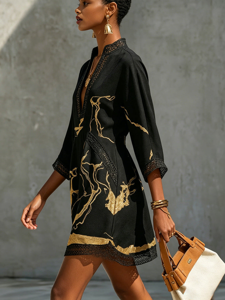 Emilia | Mini Abito Nero con Stampa Marmo Dorato e Pizzo all&