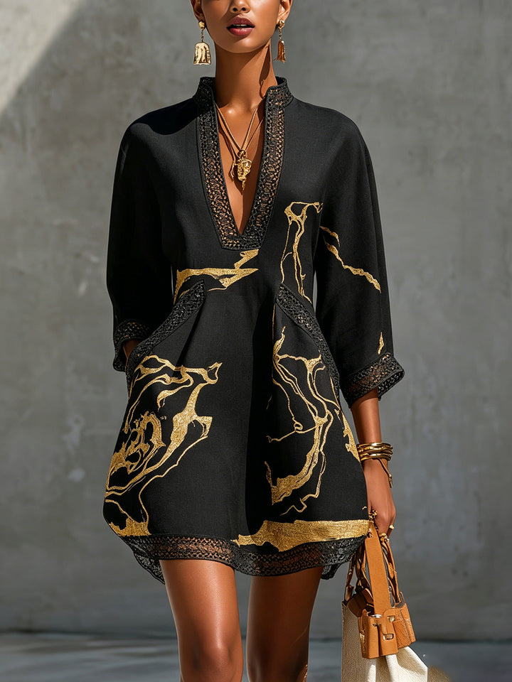Emilia | Mini Abito Nero con Stampa Marmo Dorato e Pizzo all&