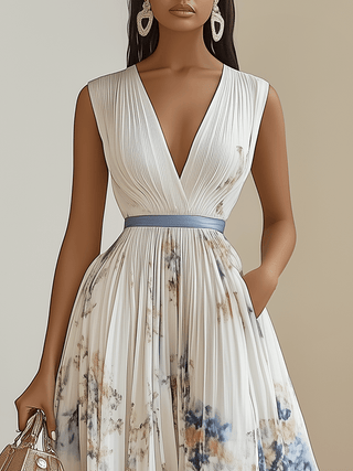 Chloe | Abito midi plissettato in chiffon floreale bianco con scollatura a V