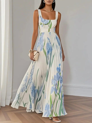 Marie | Abito Maxi Chiffon Floreale Plissettato Bianco