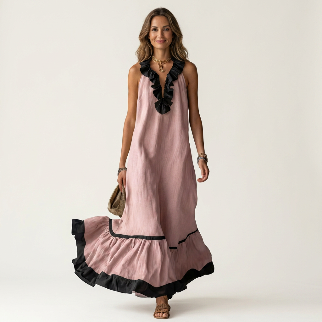 Abito Maxi Senza Maniche con Scollo a Balze e Bordo a Contrasto