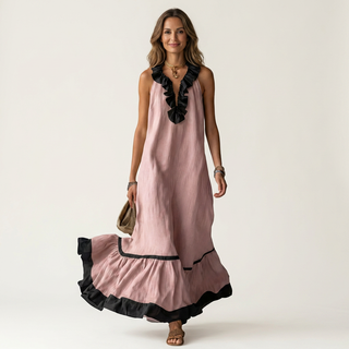 Abito Maxi Senza Maniche con Scollo a Balze e Bordo a Contrasto
