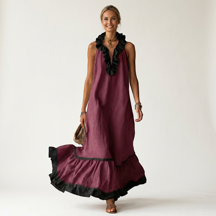 Abito Maxi Senza Maniche con Scollo a Balze e Bordo a Contrasto