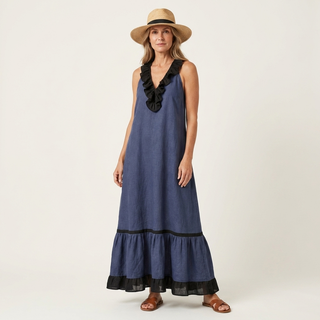 Abito Maxi Senza Maniche con Scollo a Balze e Bordo a Contrasto