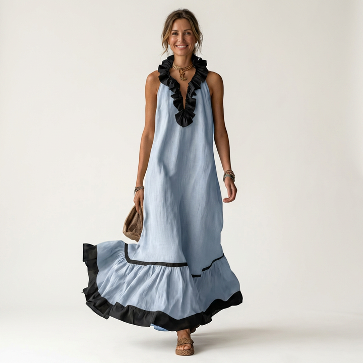 Abito Maxi Senza Maniche con Scollo a Balze e Bordo a Contrasto