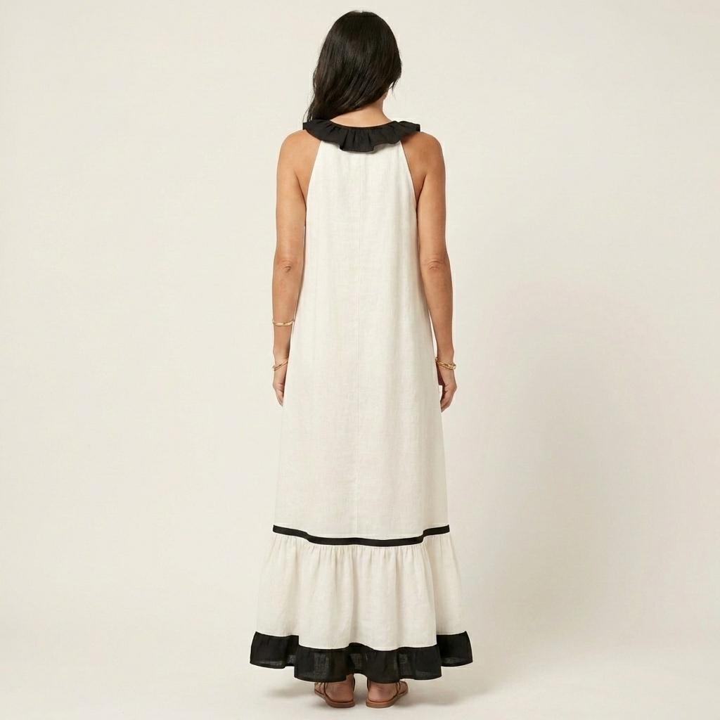 Abito Maxi Senza Maniche con Scollo a Balze e Bordo a Contrasto
