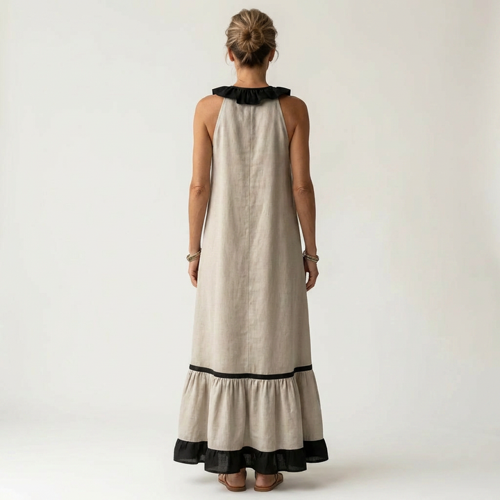 Abito Maxi Senza Maniche con Scollo a Balze e Bordo a Contrasto