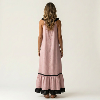 Abito Maxi Senza Maniche con Scollo a Balze e Bordo a Contrasto