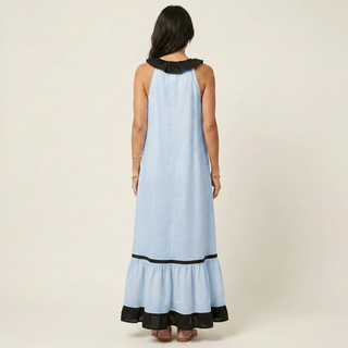 Abito Maxi Senza Maniche con Scollo a Balze e Bordo a Contrasto