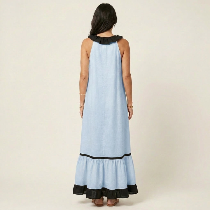 Abito Maxi Senza Maniche con Scollo a Balze e Bordo a Contrasto