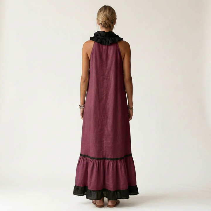 Abito Maxi Senza Maniche con Scollo a Balze e Bordo a Contrasto