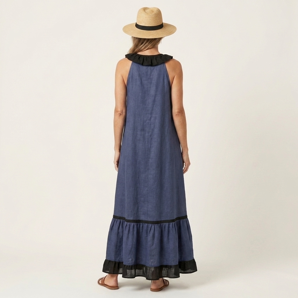 Abito Maxi Senza Maniche con Scollo a Balze e Bordo a Contrasto