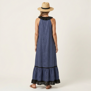Abito Maxi Senza Maniche con Scollo a Balze e Bordo a Contrasto