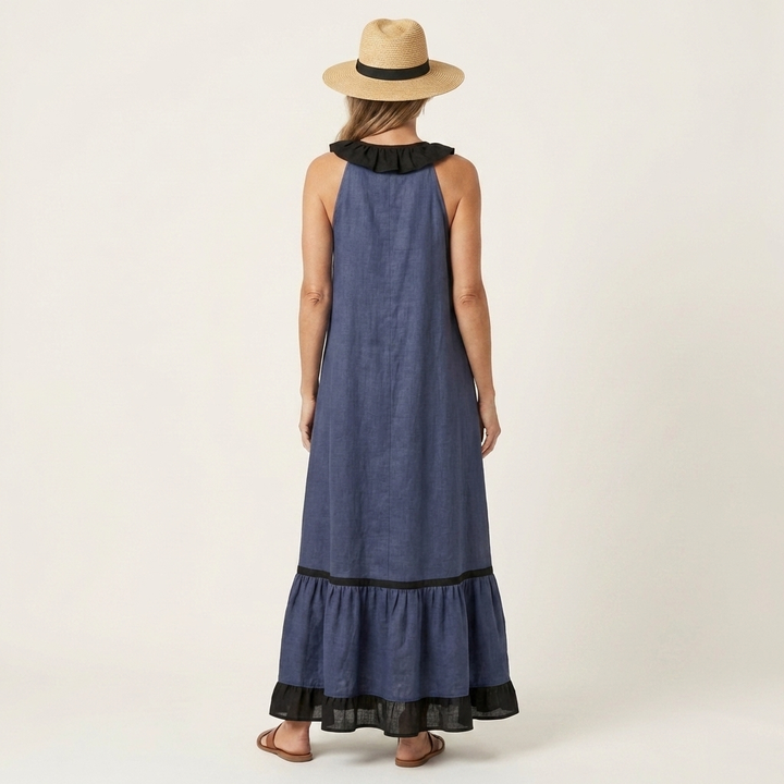 Abito Maxi Senza Maniche con Scollo a Balze e Bordo a Contrasto