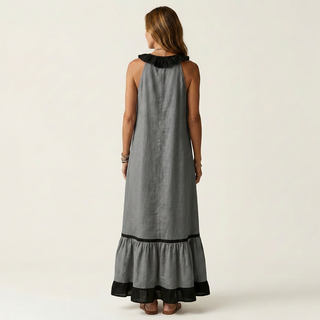 Abito Maxi Senza Maniche con Scollo a Balze e Bordo a Contrasto